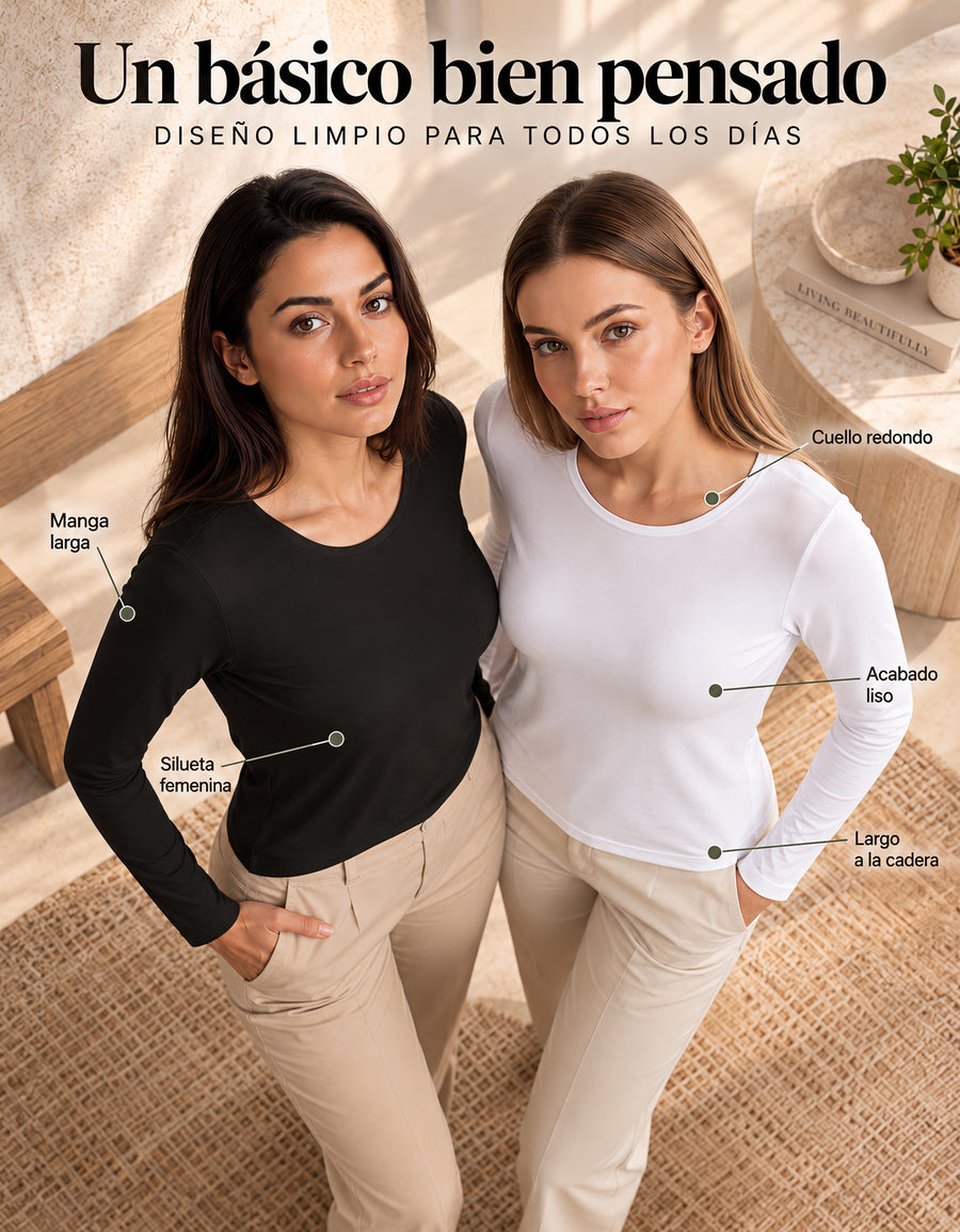 Blusa Térmica Mujer Manga Larga Cuello Redondo · Paquete de 2 · Unitalla color Negro y Blanco