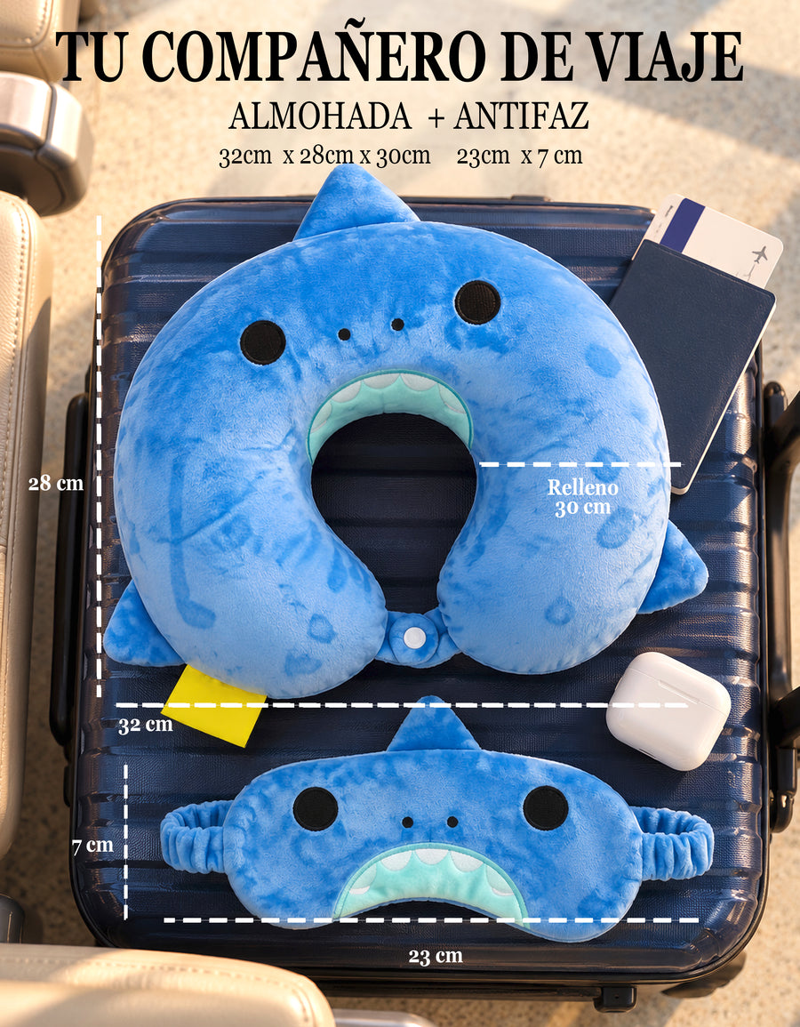 Almohada de Viaje para Cuello con Antifaz · Diseño de Animalito · Suave y Acolchada color Azul (tiburón)