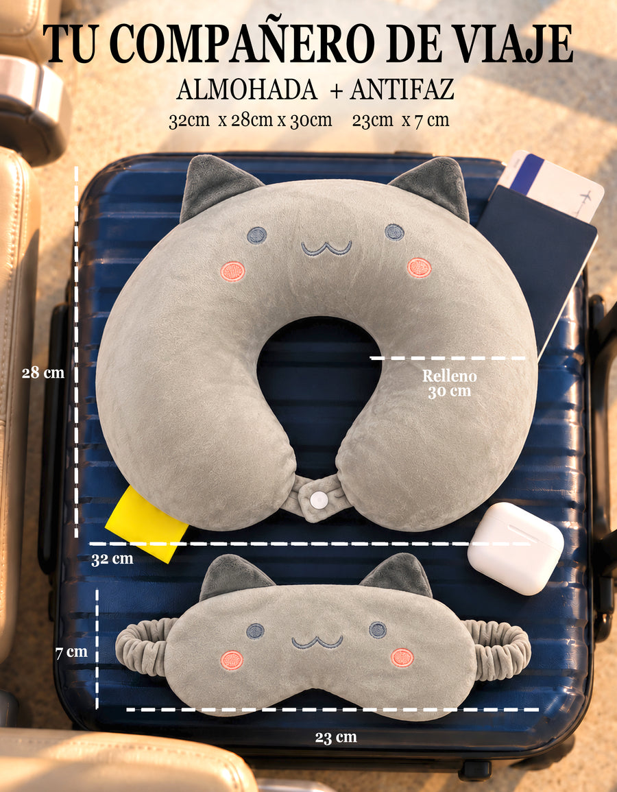 Almohada de Viaje para Cuello con Antifaz · Diseño de Animalito · Suave y Acolchada color Gris (gatito)