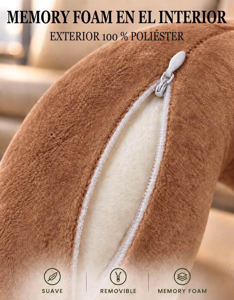 Almohada de Viaje para Cuello con Antifaz · Diseño de Animalito · Suave y Acolchada color Café (osito)