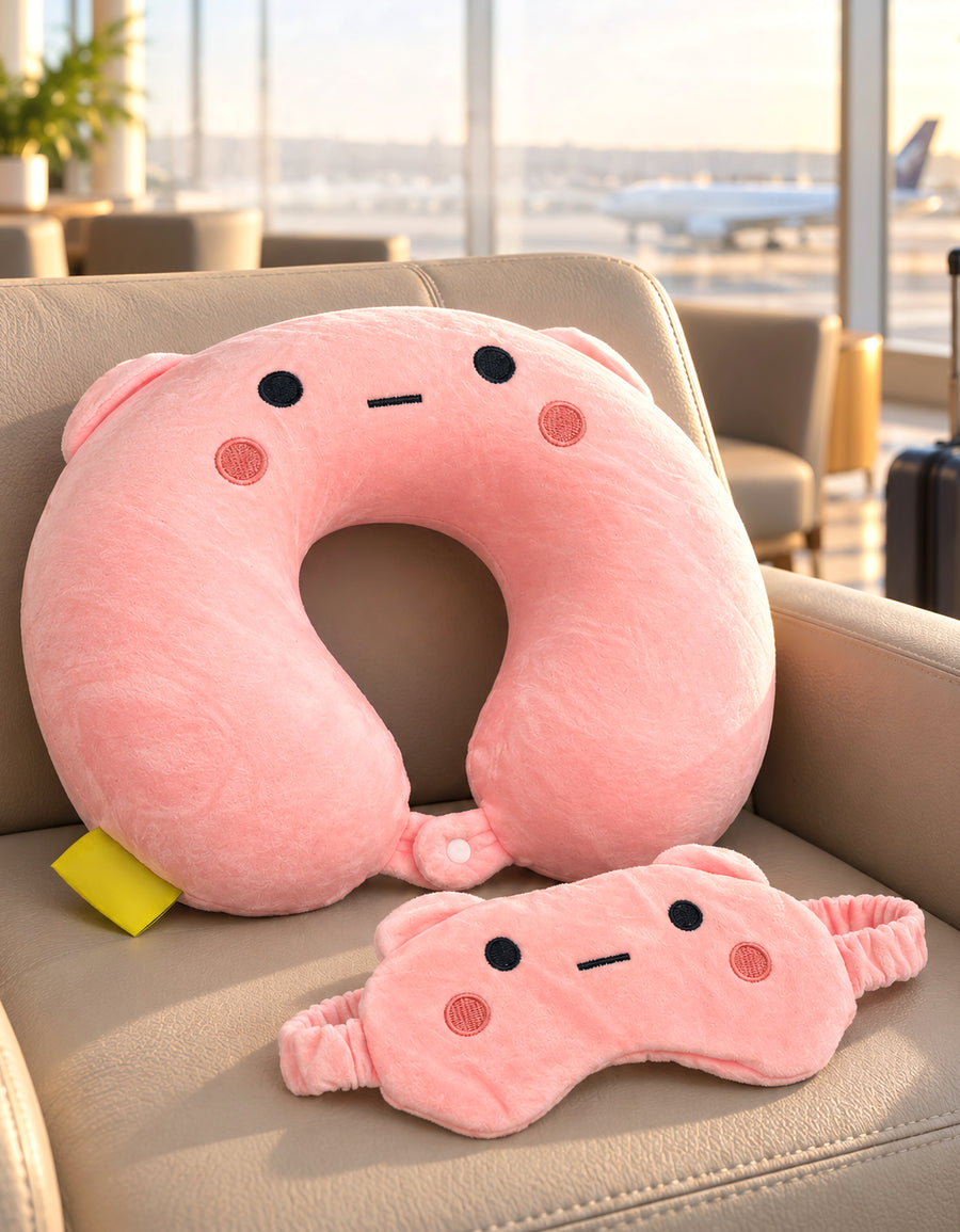 Almohada de Viaje para Cuello con Antifaz · Diseño de Animalito · Suave y Acolchada color Rosa (cerdito)