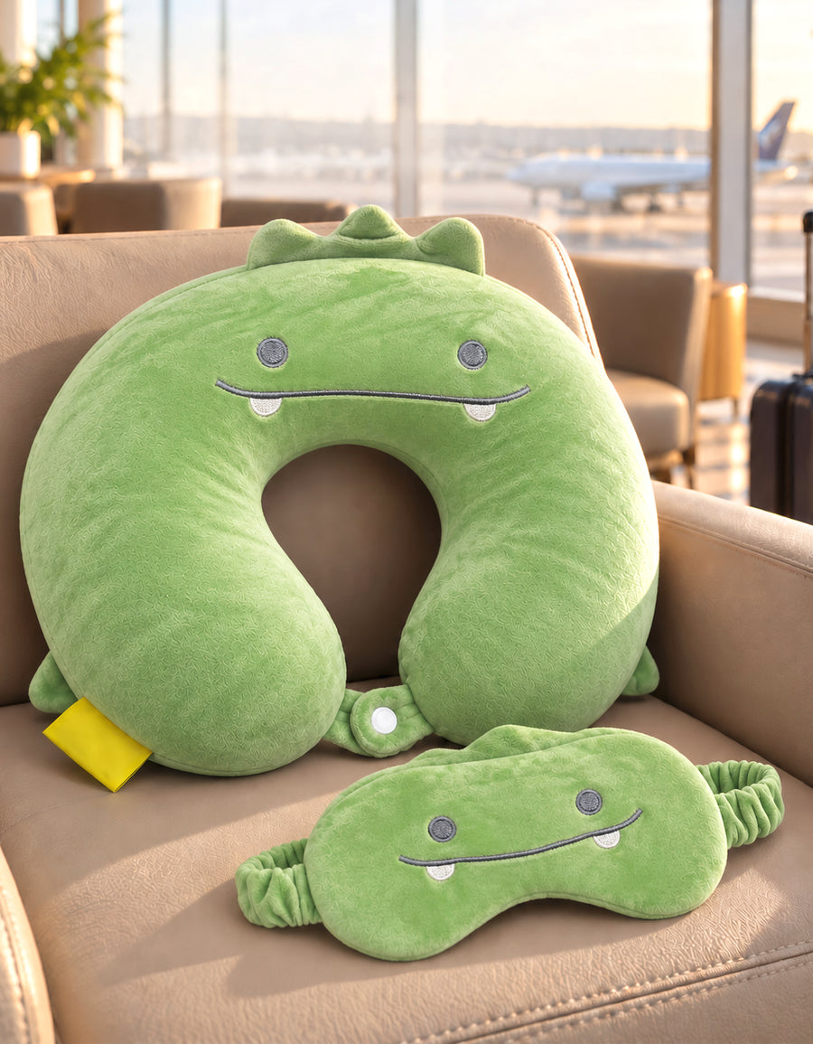Almohada de Viaje para Cuello con Antifaz · Diseño de Animalito · Suave y Acolchada color Verde (dino)