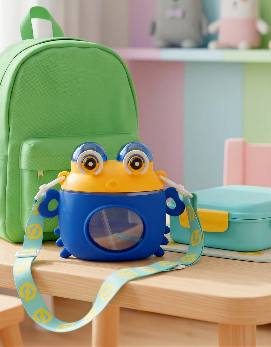 Vaso Infantil 450 ml con Popote y Correa Ajustable · Diseño de Rana color Azul