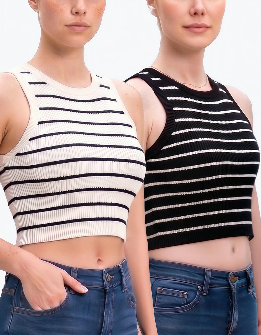 Top Mujer Tirantes Acanalado color Blanco con Líneas Negras