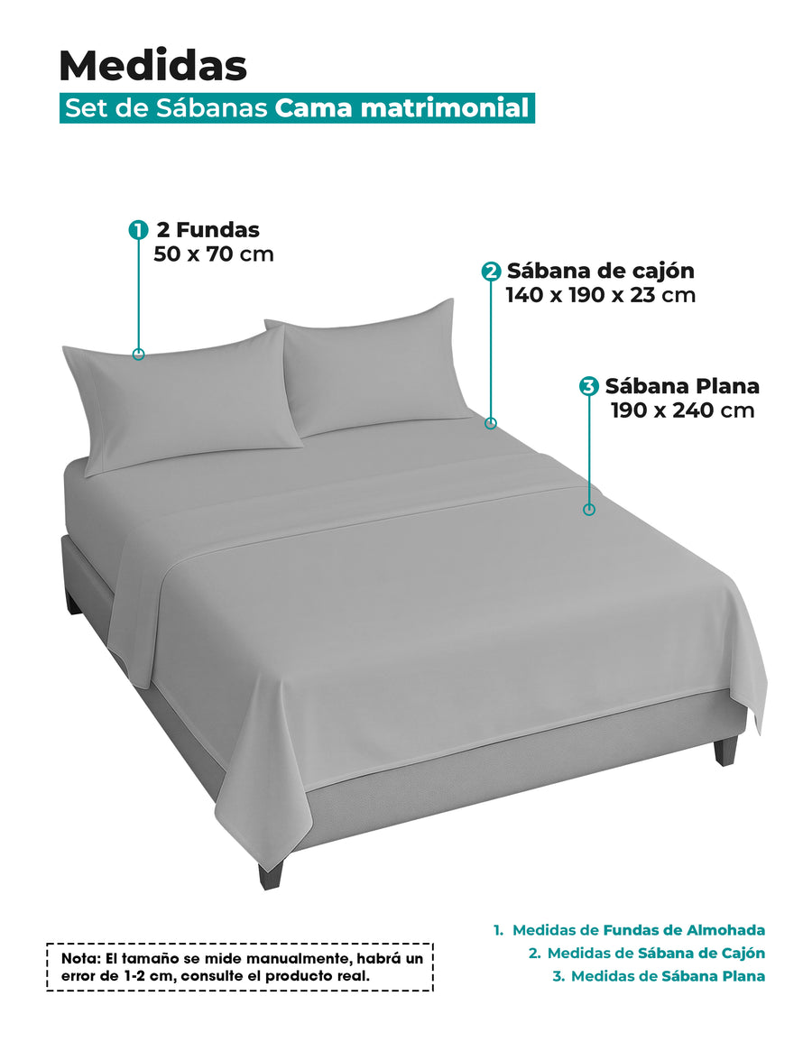 Juego de Sábanas Matrimonial Microfibra · Sábana de Cajón Ajustable color Gris Claro