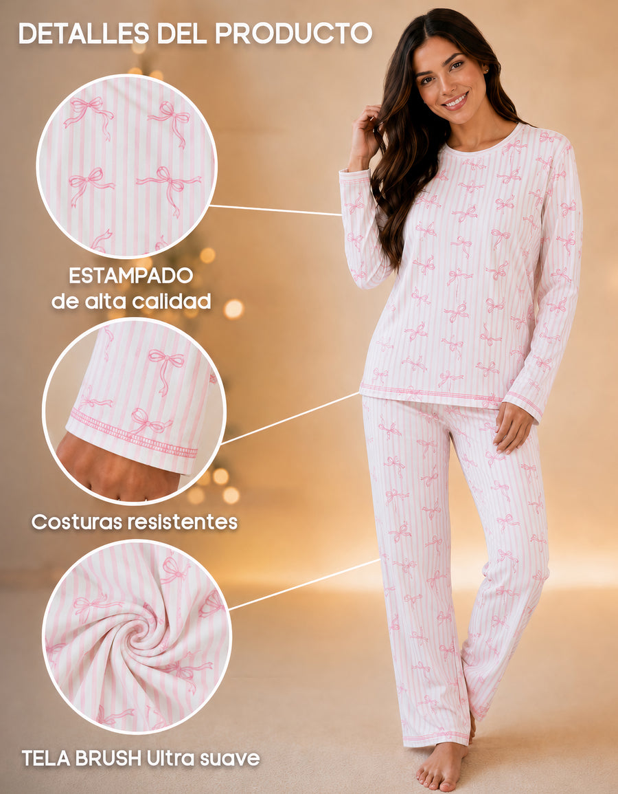 Pijama Polar Mujer Estampada 2 Piezas · Playera Manga Larga y Pantalón · Diseño Moños rosa
