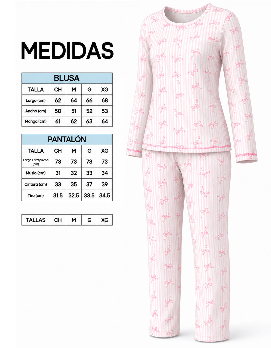 Pijama Polar Mujer Estampada 2 Piezas · Playera Manga Larga y Pantalón · Diseño Moños rosa