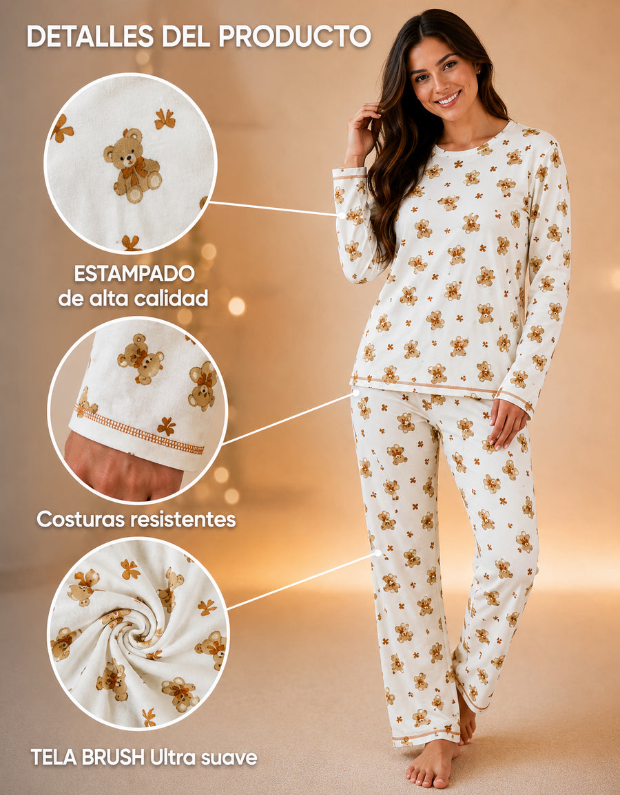 Pijama Polar Mujer Estampada 2 Piezas · Playera Manga Larga y Pantalón · Diseño Ositos beige