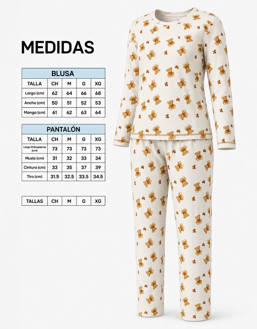 Pijama Polar Mujer Estampada 2 Piezas · Playera Manga Larga y Pantalón · Diseño Ositos beige