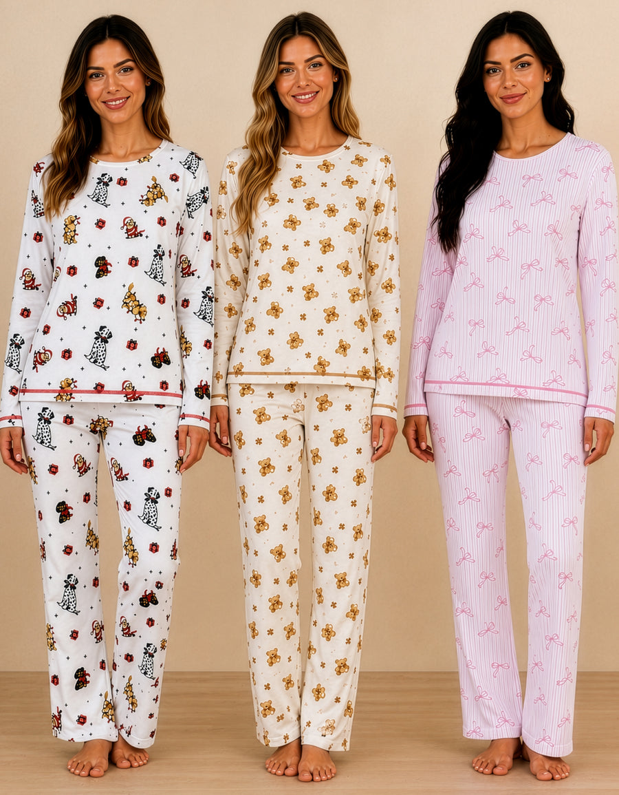 Pijama Polar Mujer Estampada 2 Piezas · Playera Manga Larga y Pantalón · Diseño Ositos beige