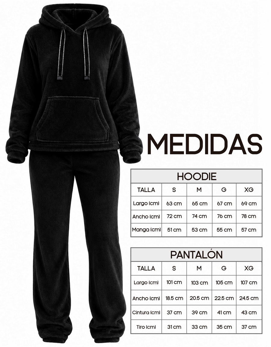 Conjunto de Borrega Mujer con Capucha · Sudadera y Pantalón Afelpado color Negro