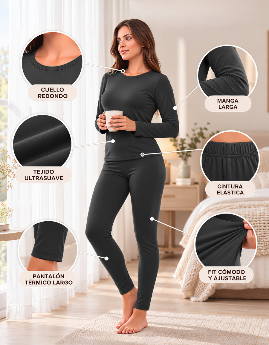 Conjunto Térmico Mujer Primera Capa · Playera Manga Larga y Mallón color Negro