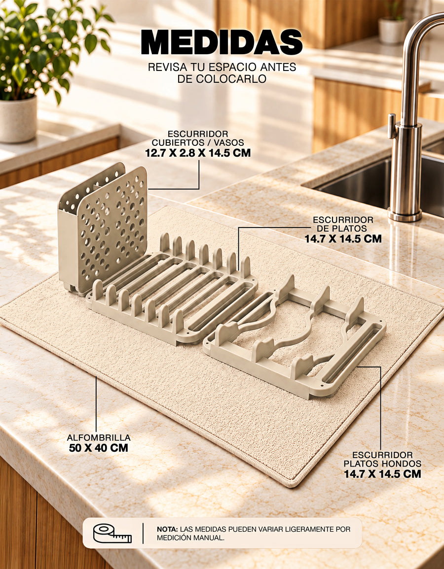 Escurridor de Platos 3 Secciones con Tapete de Secado 40 × 50 cm color Beige