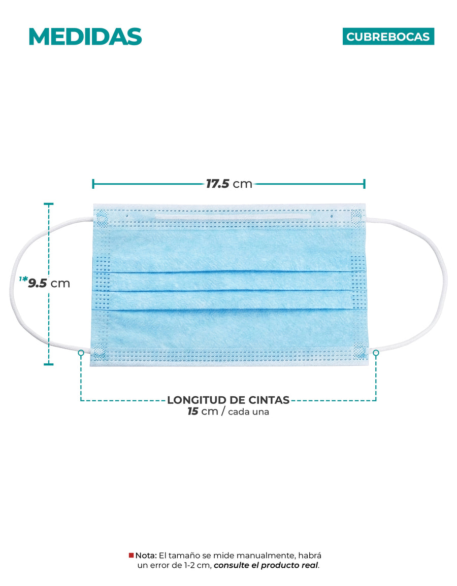 Cubrebocas Desechable 50 Piezas · Polipropileno · Clip Nasal Flexible color Azul