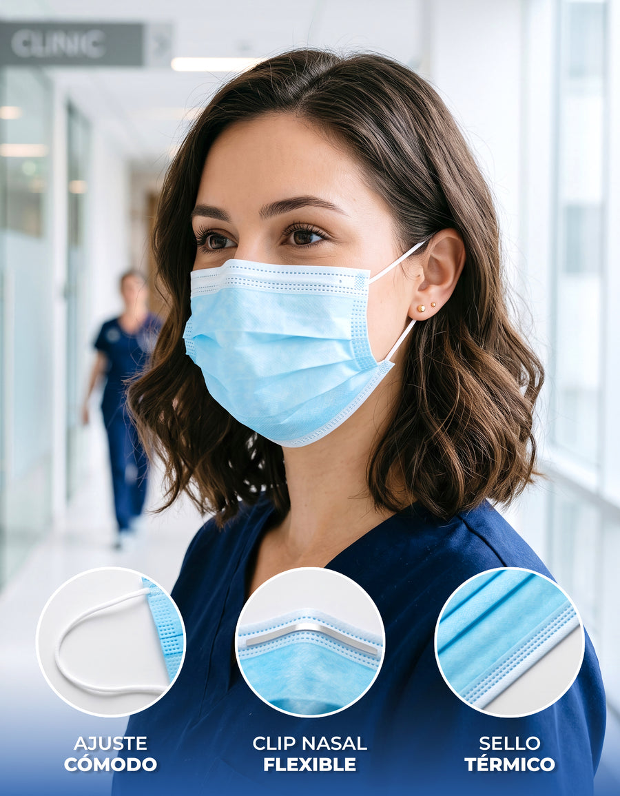 Cubrebocas Desechable 50 Piezas · Polipropileno · Clip Nasal Flexible color Azul