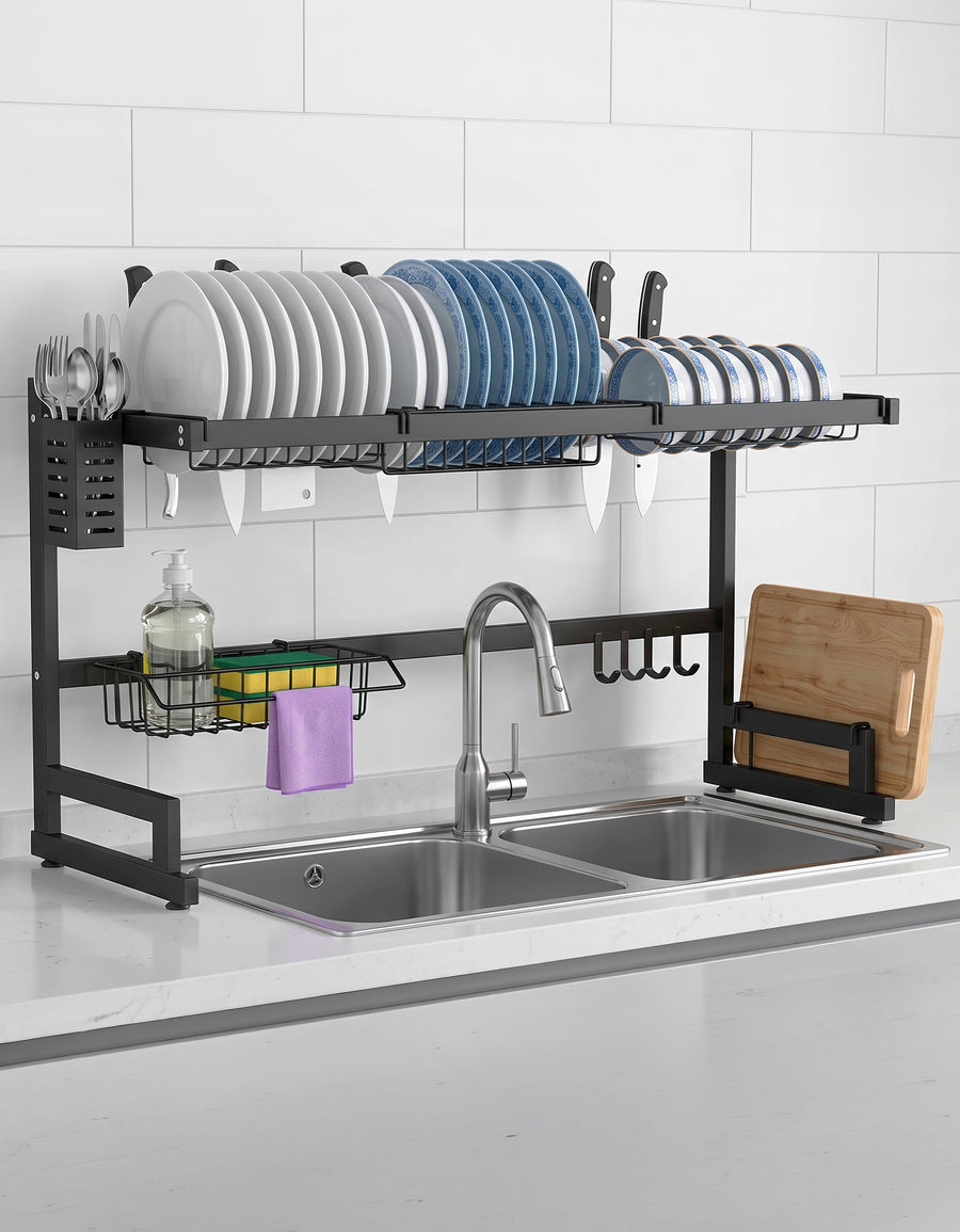 Escurridor de Trastes sobre Fregadero 96 cm · 2 Niveles con Porta Cuchillos y Canasta para Esponja