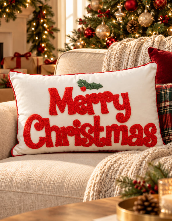 Cojín Navideño Merry Christmas Rectangular con Relleno 30 × 50 cm · Decoración de Navidad