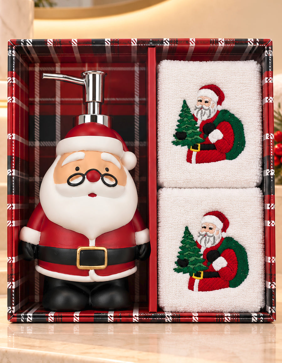 Set Navideño Dispensador de Jabón + 2 Toallas de Mano Bordadas · Diseño Santa Claus