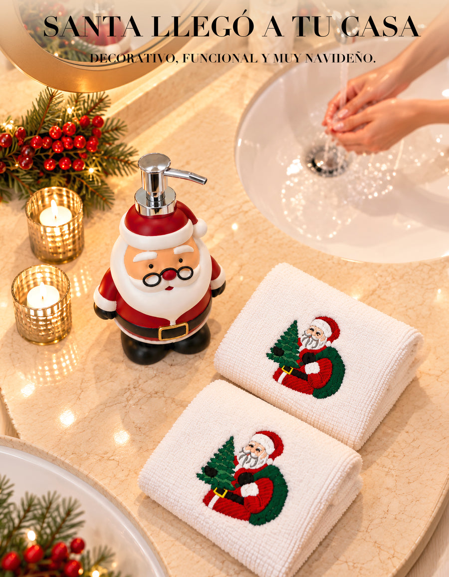Set Navideño Dispensador de Jabón + 2 Toallas de Mano Bordadas · Diseño Santa Claus