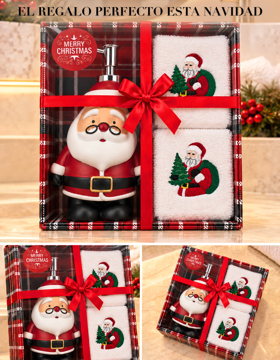 Set Navideño Dispensador de Jabón + 2 Toallas de Mano Bordadas · Diseño Santa Claus