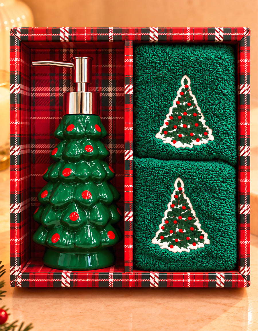 Set Navideño Dispensador de Jabón + 2 Toallas de Mano Bordadas · Diseño Árbol de Navidad
