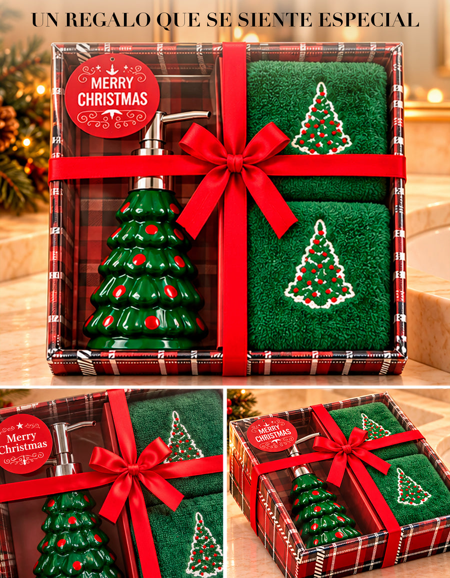 Set Navideño Dispensador de Jabón + 2 Toallas de Mano Bordadas · Diseño Árbol de Navidad