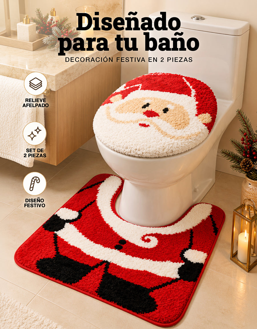 Set de Baño Navideño Santa Claus 2 Piezas · Tapete y Cubierta para Tapa de Inodoro