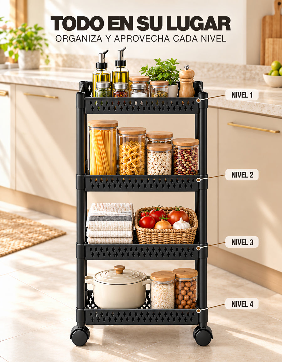 Carrito Organizador de 4 Niveles con Ruedas para Cocina color Negro