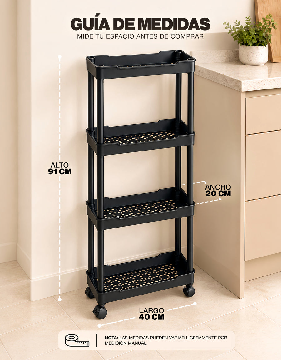 Carrito Organizador Delgado de 4 Niveles con Ruedas color Negro