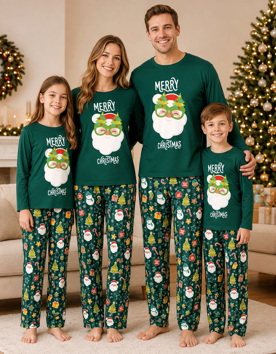 Pijama Navideña Familiar toda la familia diseño Santa Claus verde