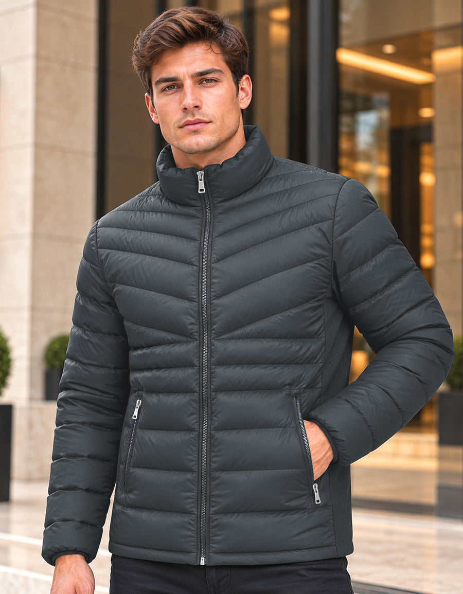 Chamarra Acolchada Hombre Ligera e Impermeable · Cuello Alto color Gris Oxford
