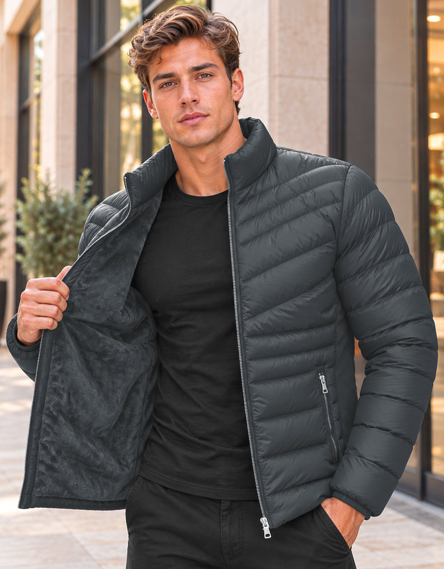 Chamarra Acolchada Hombre Ligera e Impermeable · Cuello Alto color Gris Oxford