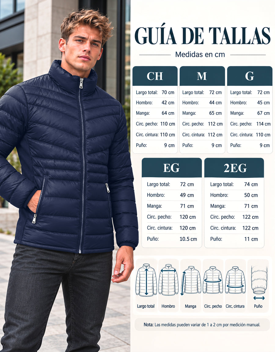 Chamarra Acolchada Hombre Ligera e Impermeable · Cuello Alto color Azul Marino