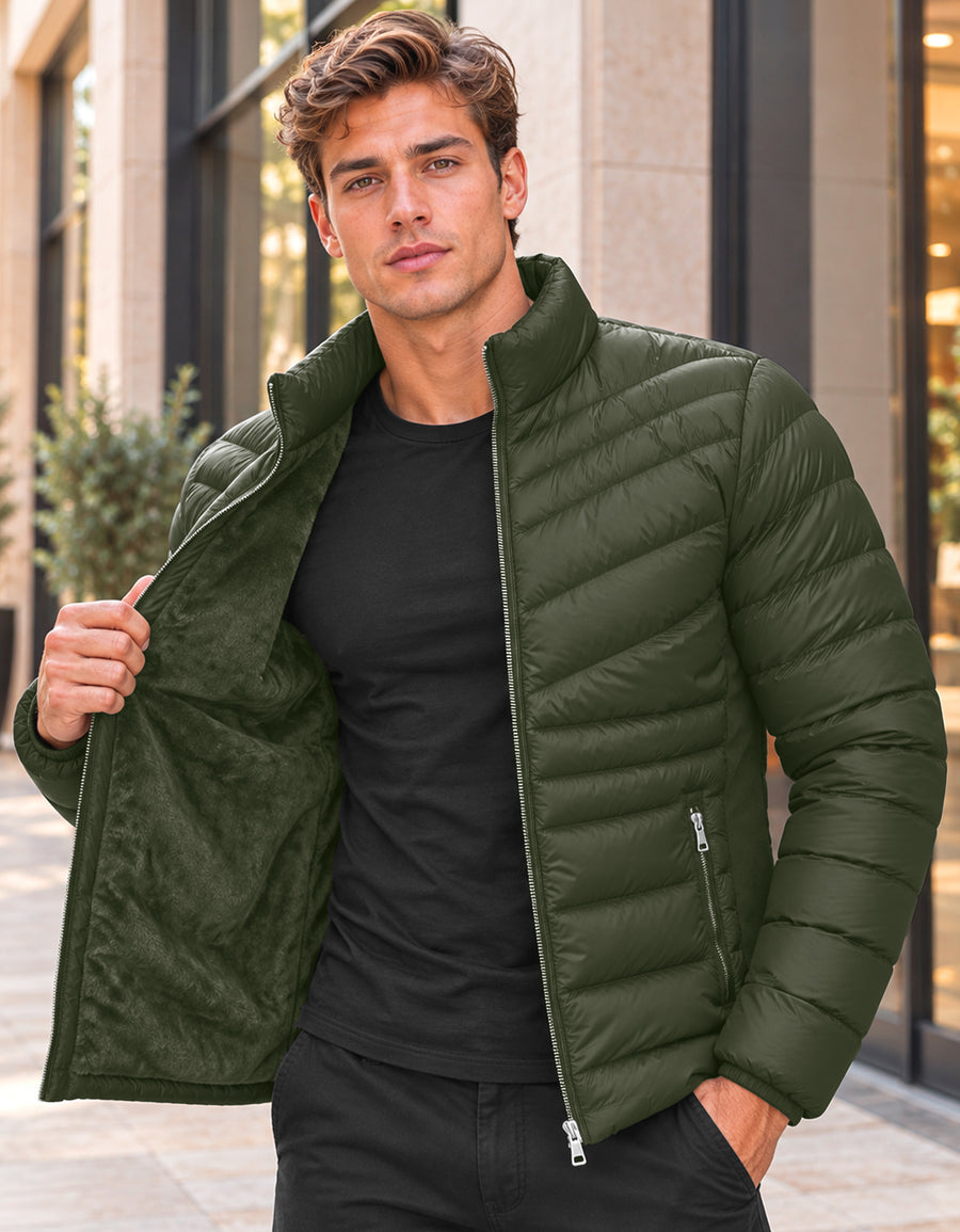 Chamarra Acolchada Hombre Ligera e Impermeable · Cuello Alto color Verde Militar