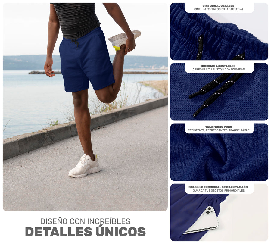 Short Deportivo Hombre para Gym Slim Fit · Elástico y Transpirable con Bolsillos · CH a XG color Azul Marino