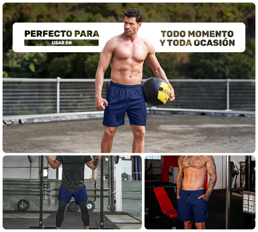 Short Deportivo Hombre para Gym Slim Fit · Elástico y Transpirable con Bolsillos · CH a XG color Azul Marino