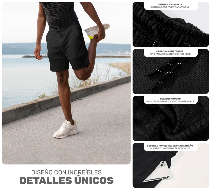 Short Deportivo Hombre para Gym Slim Fit · Elástico y Transpirable con Bolsillos · CH a XG color Negro