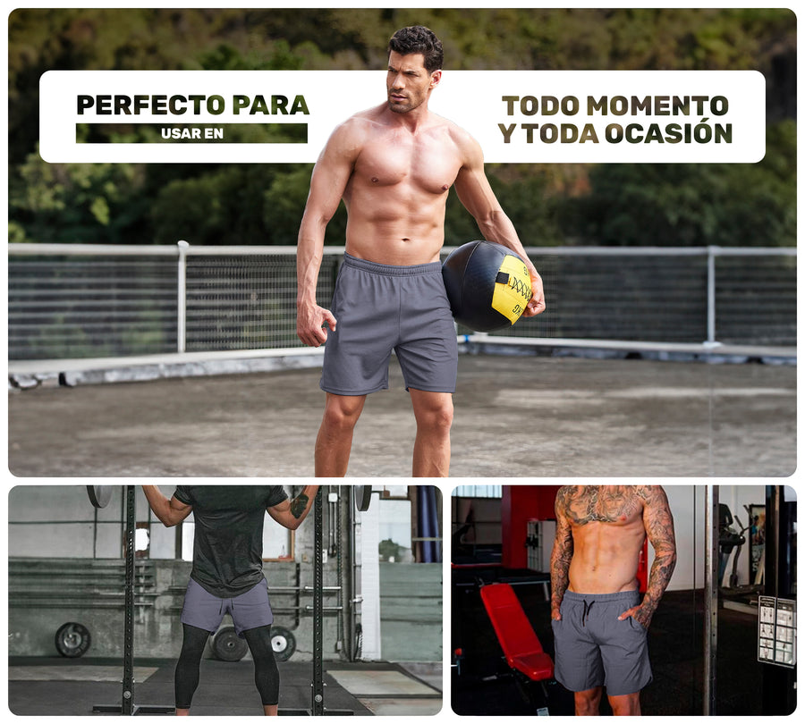 Short Deportivo Hombre para Gym Slim Fit · Elástico y Transpirable con Bolsillos · CH a XG color Gris Oxford