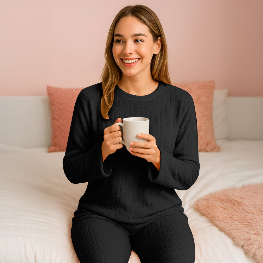 Pijama Polar Mujer Acanalada 2 Piezas · Manga Larga y Pantalón · Unitalla color Negro