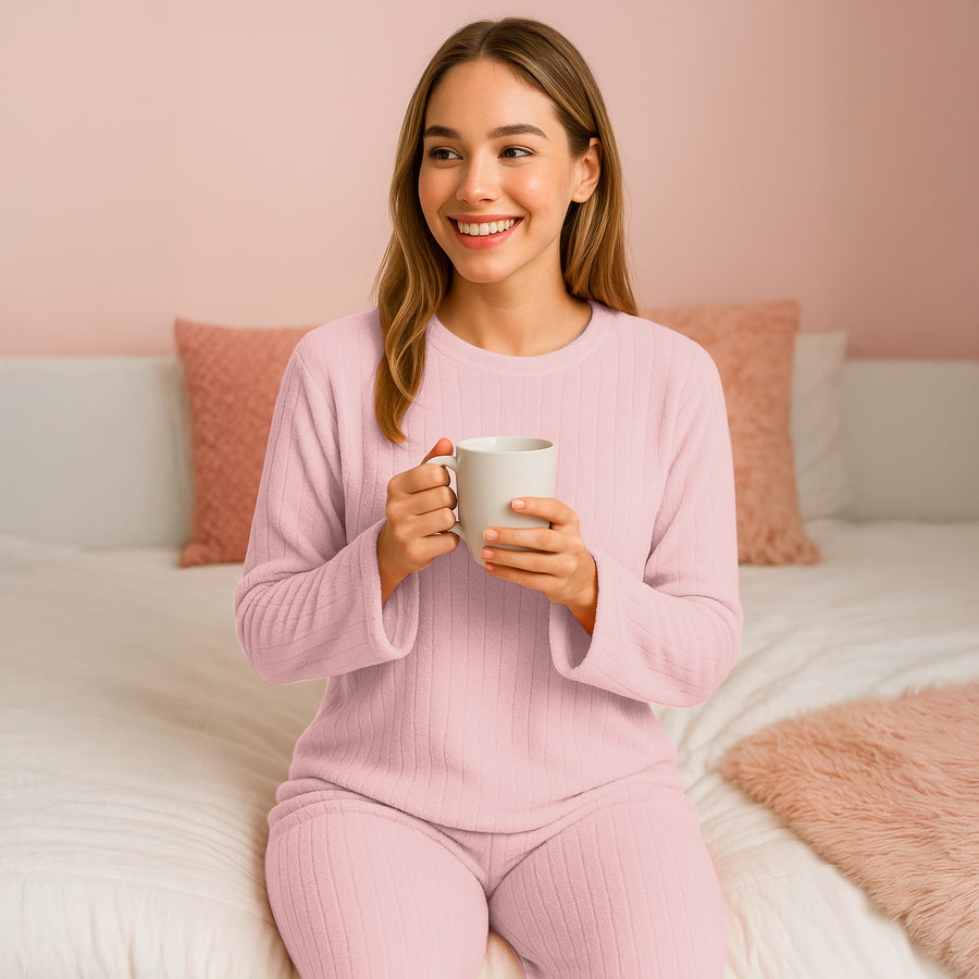 Pijama Polar Mujer Acanalada 2 Piezas · Manga Larga y Pantalón · Unitalla color Rosa Claro