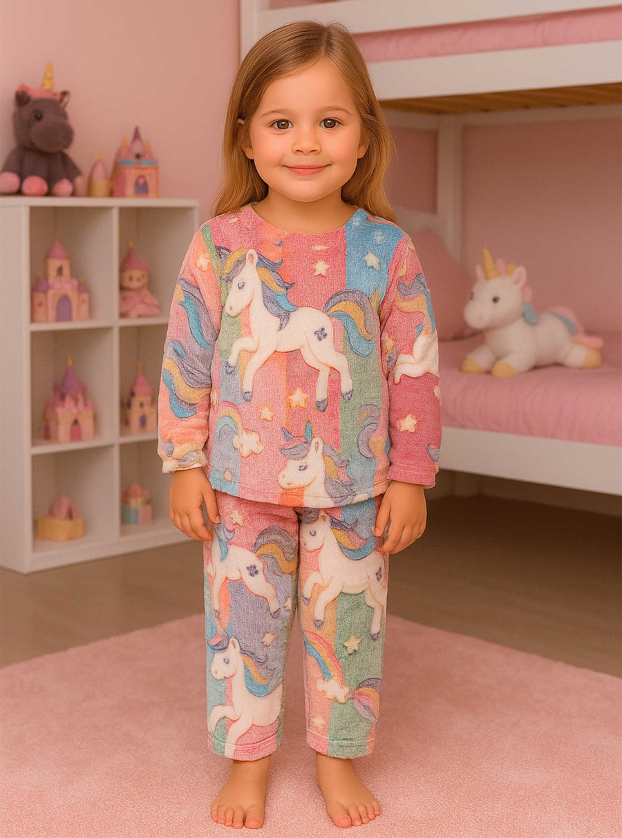 Pijama Afelpada Niña Polar de 2 Piezas · Brilla en la Oscuridad · Tallas 4 a 10 · Diseño Unicornios Pastel