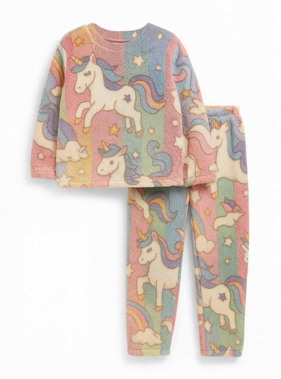 Pijama Afelpada Niña Polar de 2 Piezas · Brilla en la Oscuridad · Tallas 4 a 10 · Diseño Unicornios Pastel