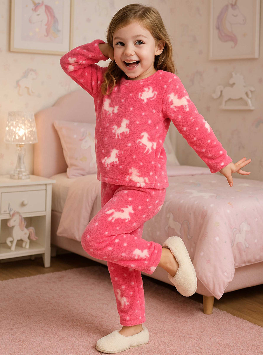 Pijama Afelpada Niña Polar de 2 Piezas · Brilla en la Oscuridad · Tallas 4 a 10 · Diseño Unicornios Rosa