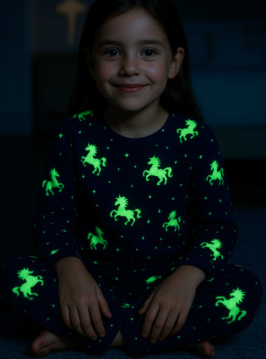 Pijama Afelpada Niña Polar de 2 Piezas · Brilla en la Oscuridad · Tallas 4 a 10 · Diseño Unicornios Rosa