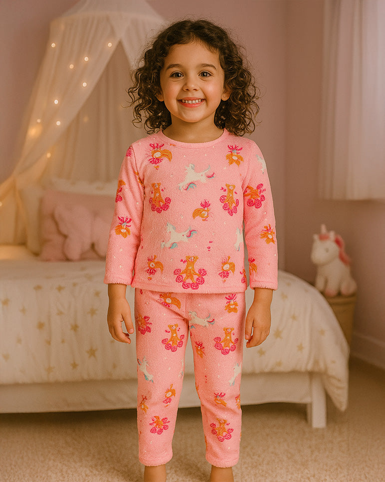 Pijama Afelpada Niña Polar de 2 Piezas · Brilla en la Oscuridad · Tallas 4 a 10 · Diseño Unicornios y Ositos