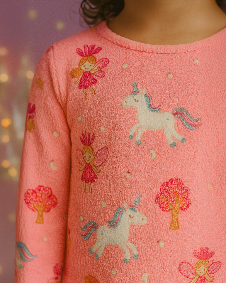 Pijama Afelpada Niña Polar de 2 Piezas · Brilla en la Oscuridad · Tallas 4 a 10 · Diseño Unicornios y Ositos