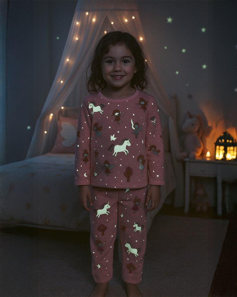 Pijama Afelpada Niña Polar de 2 Piezas · Brilla en la Oscuridad · Tallas 4 a 10 · Diseño Unicornios y Ositos
