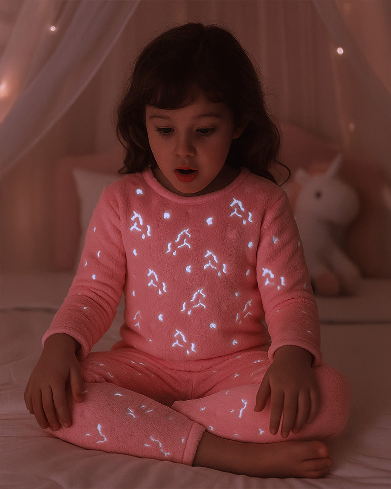 Pijama Afelpada Niña Polar de 2 Piezas · Brilla en la Oscuridad · Tallas 4 a 10 · Diseño Rosa con Estrellas