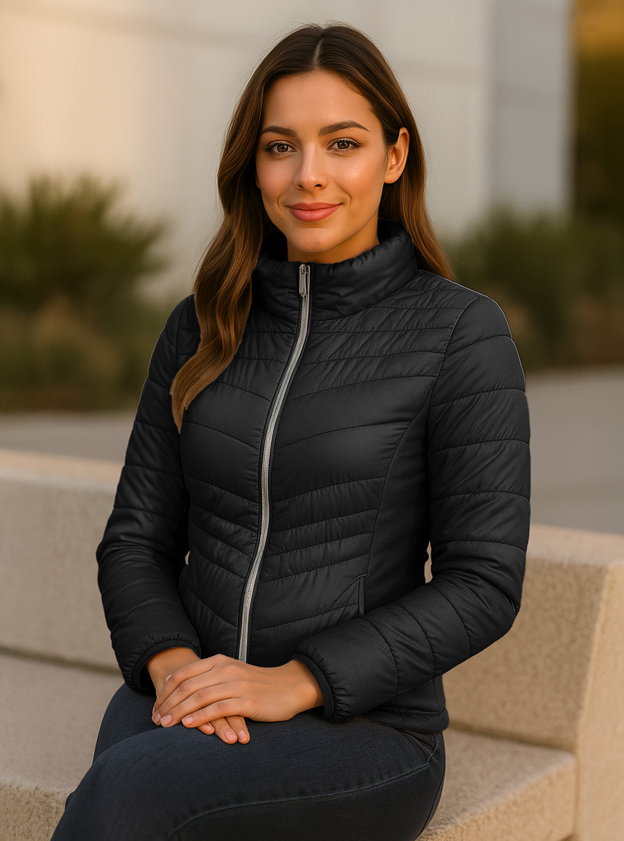 Chamarra Acolchada Mujer Ligera e Impermeable · Cuello Alto color Negro