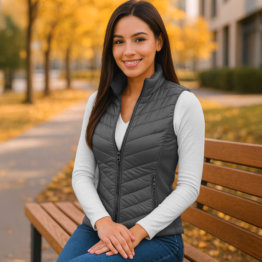 Chaleco Acolchado Mujer Ligero e Impermeable · Cuello Alto color Gris